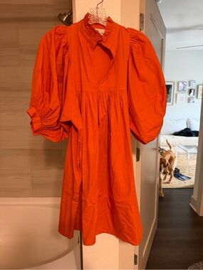 Bold Orange Puff-Sleeve Mini Dress with Ruffled Collar